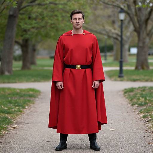 Man in Red Cloak Standing on Park Pathway