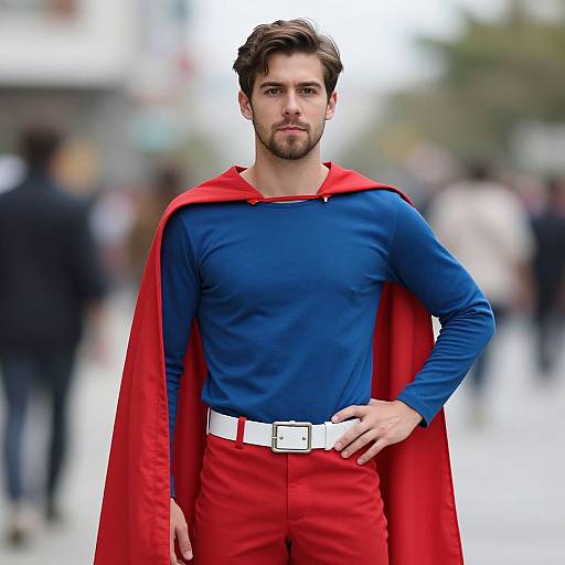 Man in Classic Superhero Costume with Red Cape and Blue Shirt