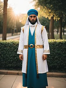 Realistic Muhammad Avdol Man Cosplay in Blue Turban and White Robe