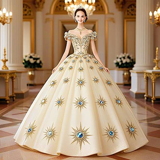 Elegant Woman in Luxurious Golden Ball Gown with Gemstone Embellishments