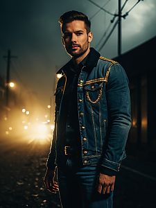 Man in Stylish Jeans Outfit Photorealistic Outdoor Portrait at Night