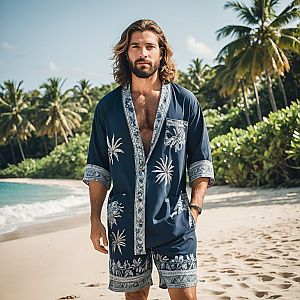 Confident Man on Tropical Beach in Navy Outfit