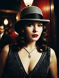 Woman in Speakeasy Costume Glamour Portrait with Gray Hat and Rhinestone Dress