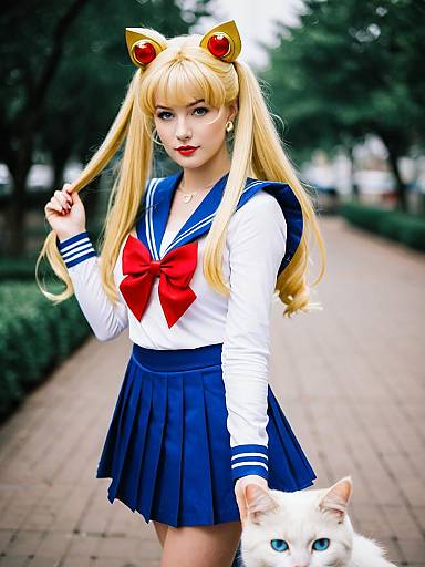 Realistic Cosplay of Sailor Moon With Artemis Cat in Park Setting