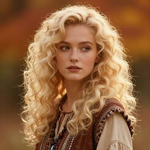 Blonde Woman with Curly Hair in Bohemian Autumn Outfit