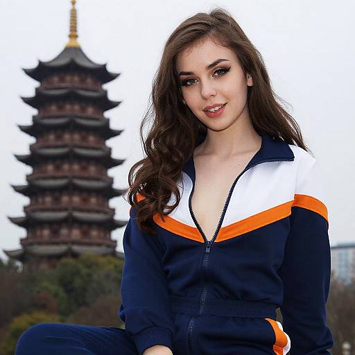 Young Woman in Stylish Tracksuit Posing by Traditional Asian Pagoda