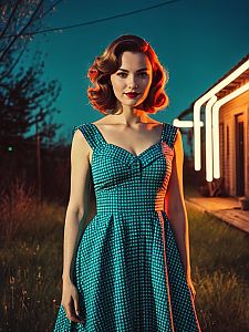 Woman in Retro 1950s Party Dress Outdoor Neon Portrait