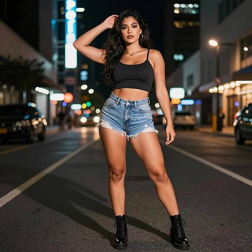 Gen Z Woman in Black Crop Top and Denim Shorts Posing in City Street at Night