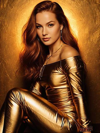 Woman Wearing Edgy Metallic Gold Off-the-Shoulder Top With Long Sleeves