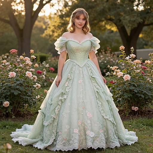 Elegant Woman in Pastel Green Vintage Ball Gown in Garden