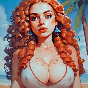 Red-Haired Woman Digital Portrait on Tropical Beach with Curly Hair