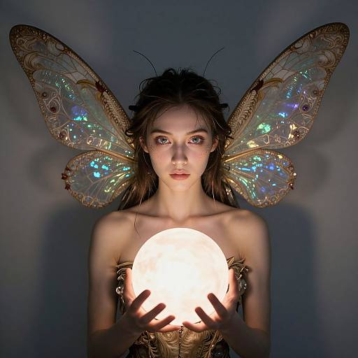 Mystical Fairy Woman with Glowing Moon Orb and Iridescent Wings