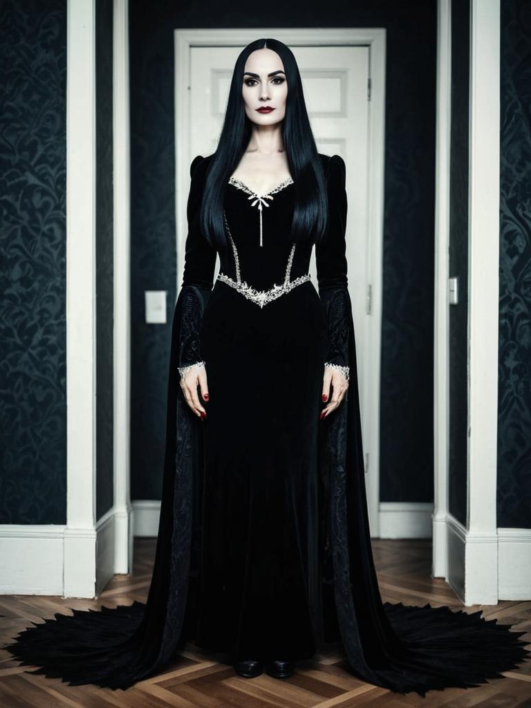 Woman in Elegant Morticia Addams Costume Full Body Cosplay Photo
