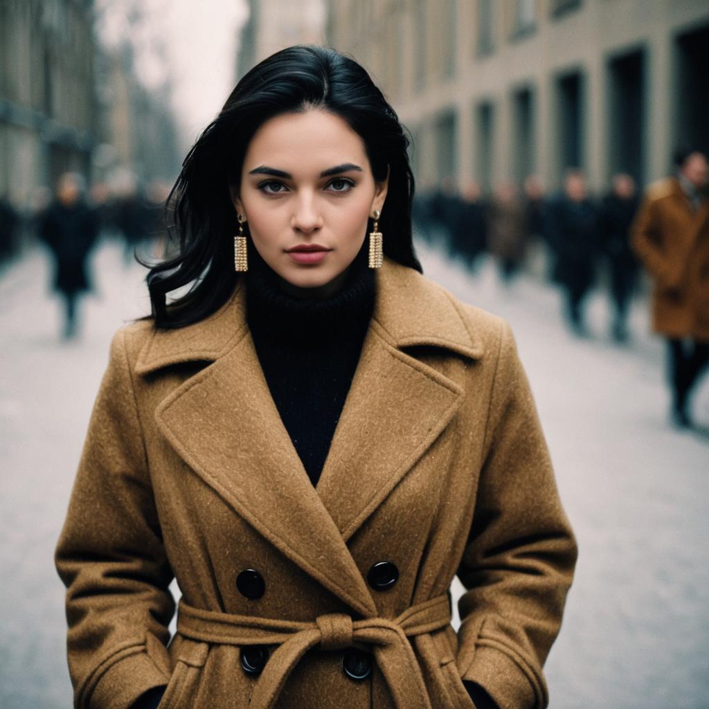 Woman Wearing Camel Coat Dress with Hands in Pockets on City Street