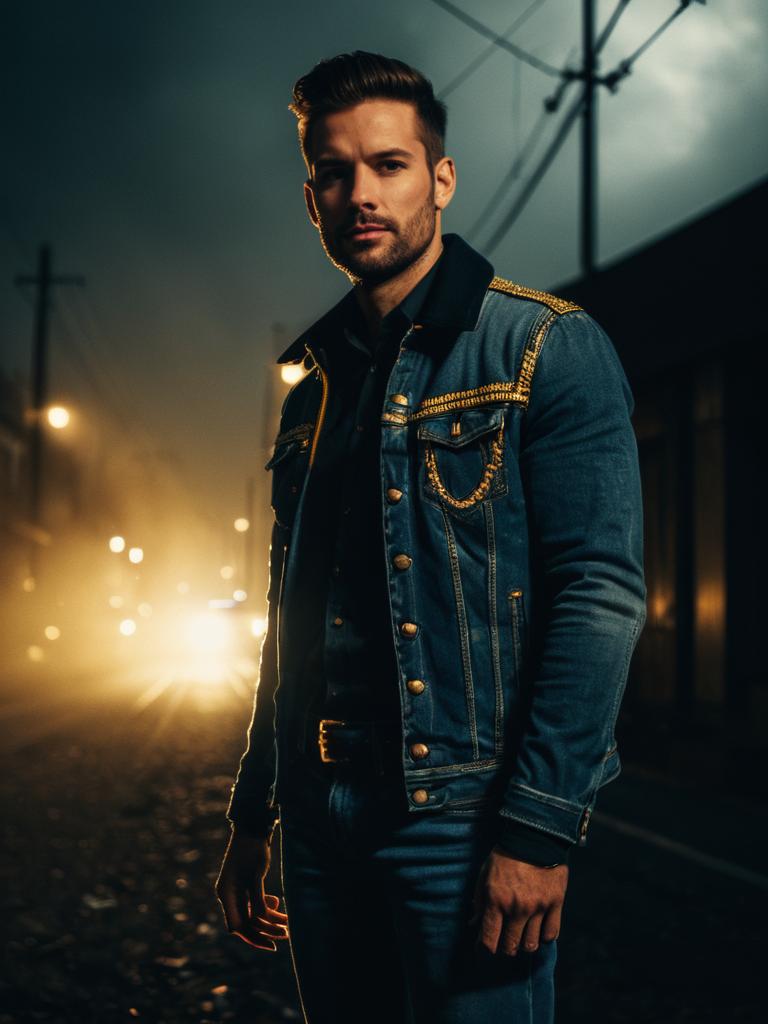 Man in Stylish Jeans Outfit Photorealistic Outdoor Portrait at Night