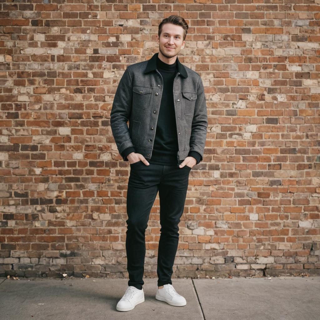 Confident Man in Denim Jacket Against Brick Wall