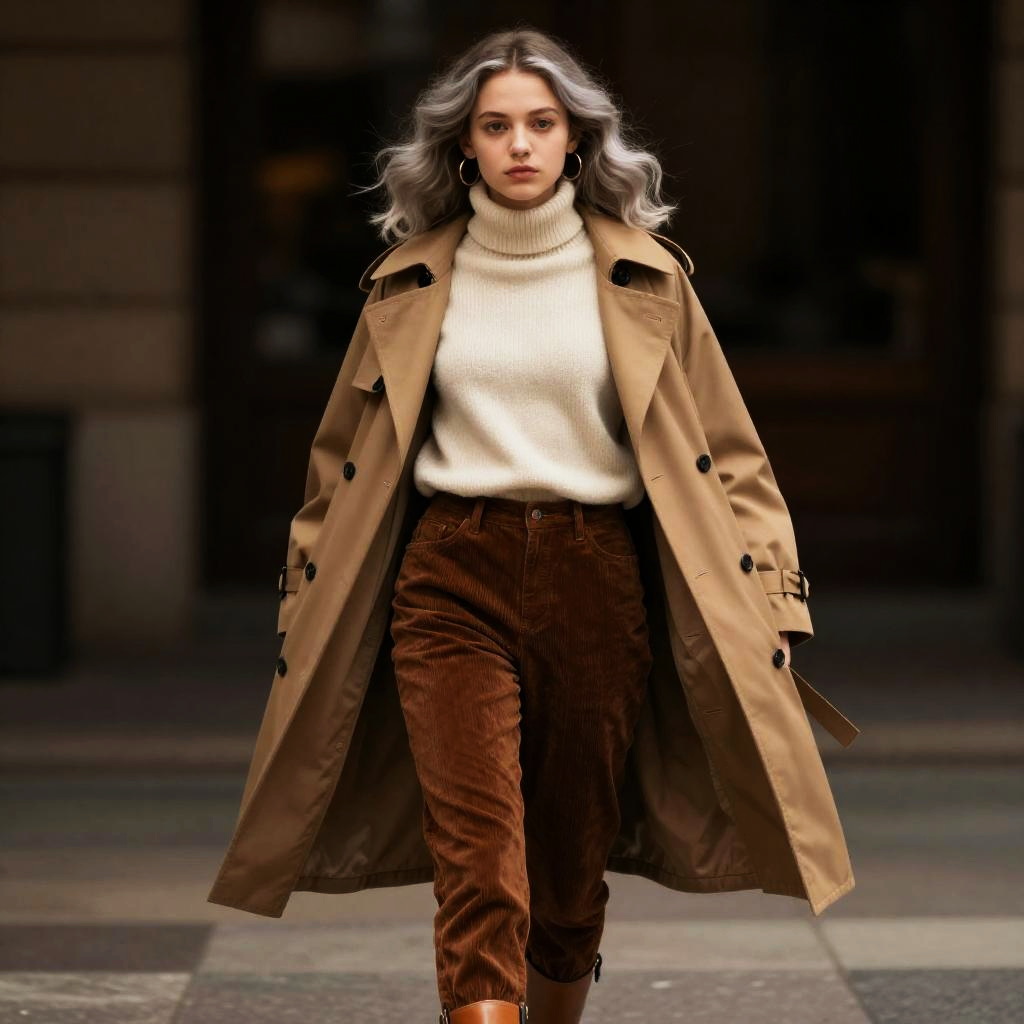 Stylish Young Woman in Beige Trench Coat and Corduroy Pants Walking in City