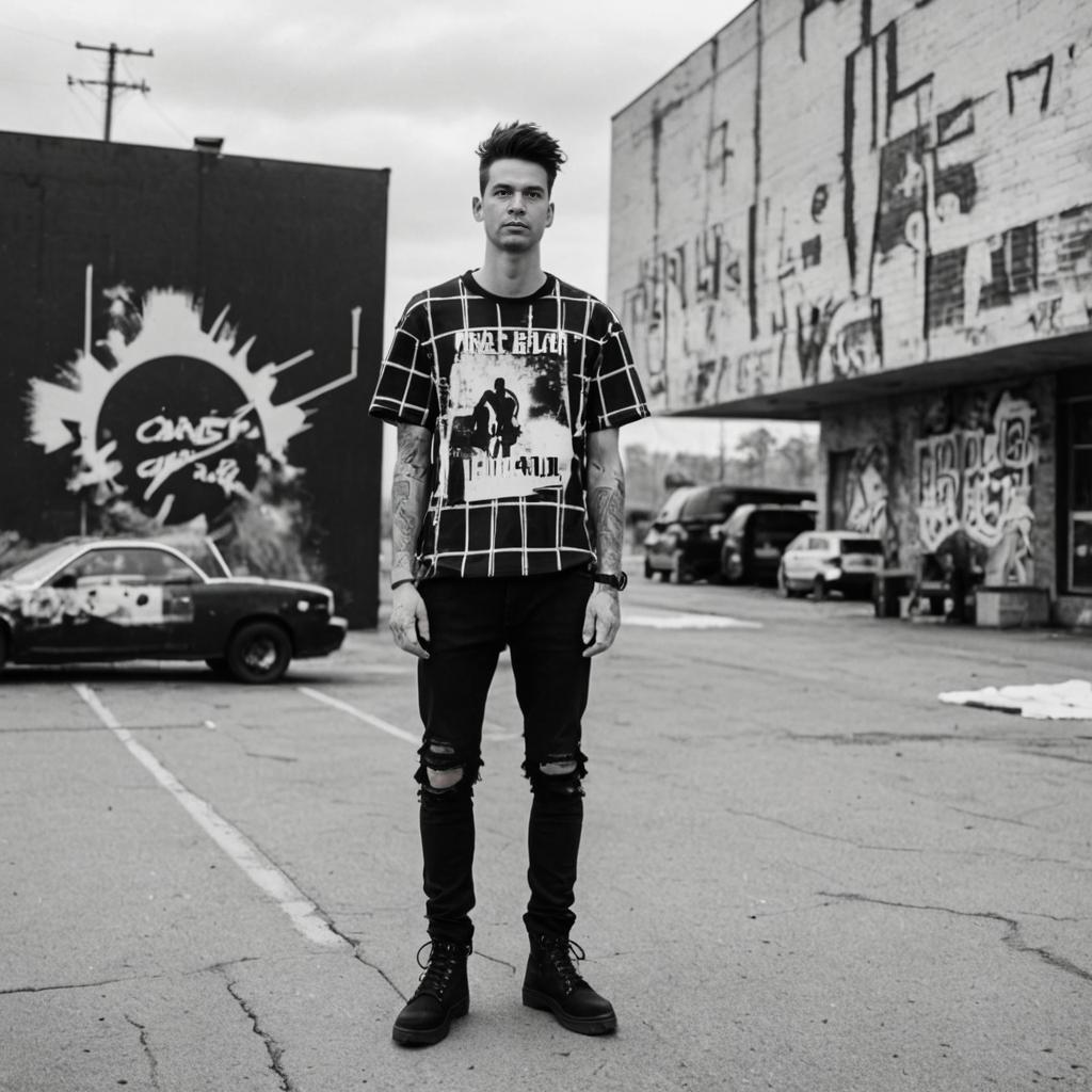 Confident Man in Urban Streetwear with Graffiti Backdrop