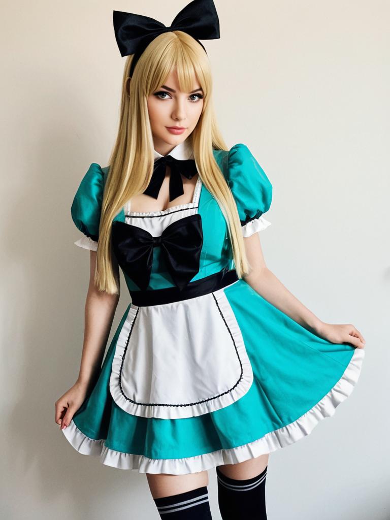 Mononobe Alice Cosplay in Teal Maid Dress with Blonde Hair