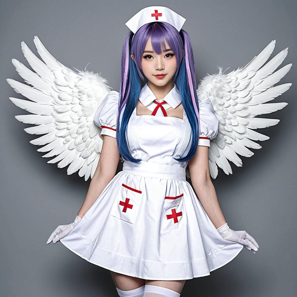 Cosplay Nurse with Angel Wings and Purple-Blue Hair