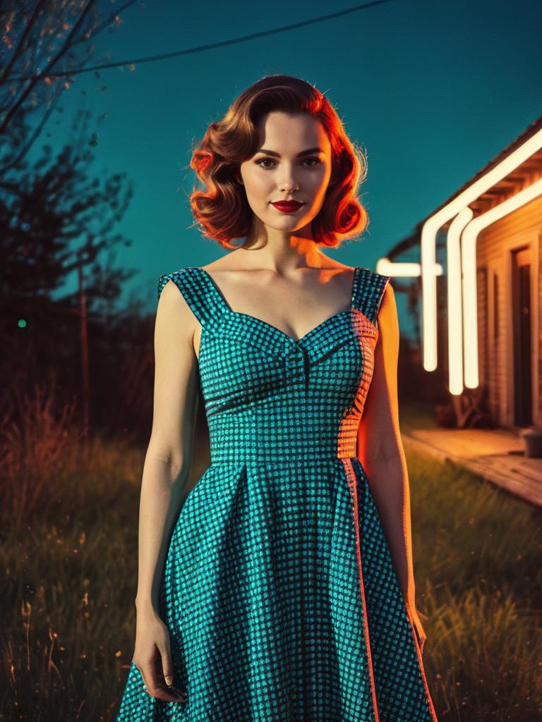 Woman in Retro 1950s Party Dress Outdoor Neon Portrait