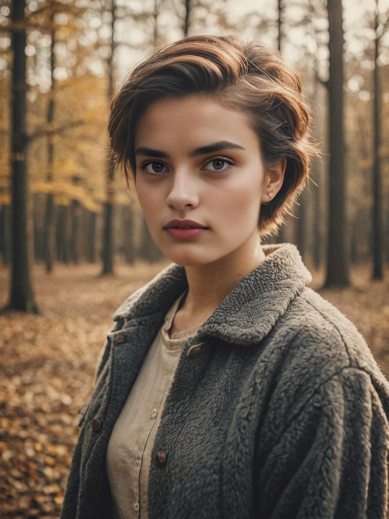 Woman with Trendy Wolf Cut in Autumn Forest