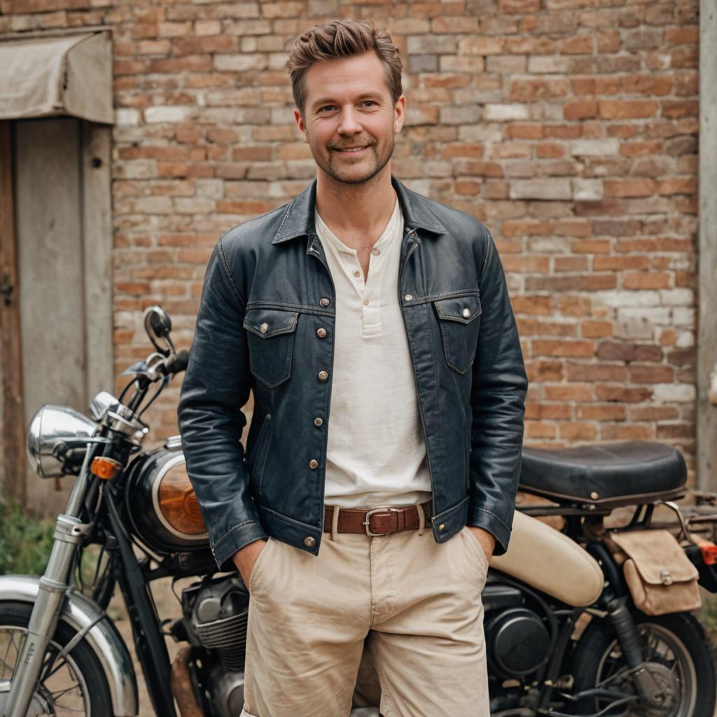 Stylish Man with Vintage Motorcycle in Urban Setting