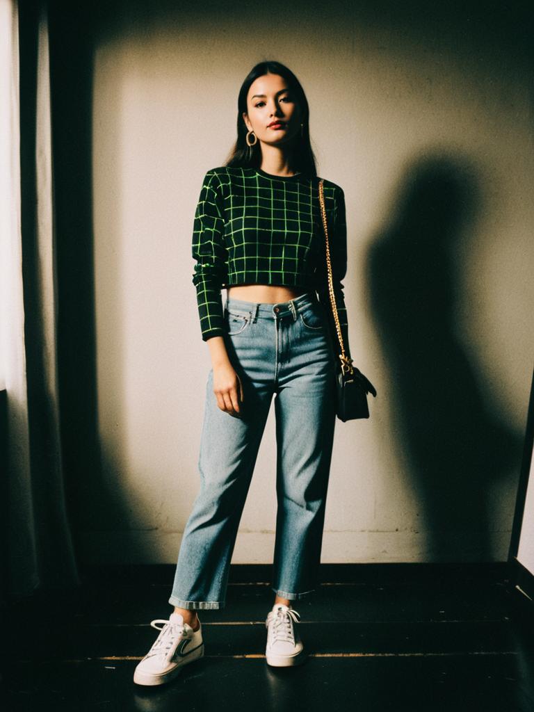Woman in Black Green Grid Crop Top and Light Blue Jeans Casual Streetwear