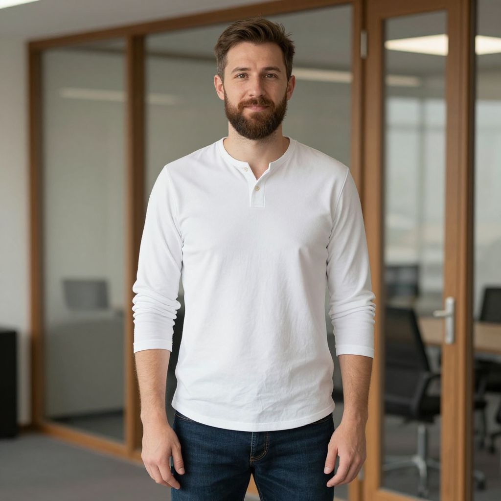 Casual Young Bearded Man in White Shirt Standing in Modern Office