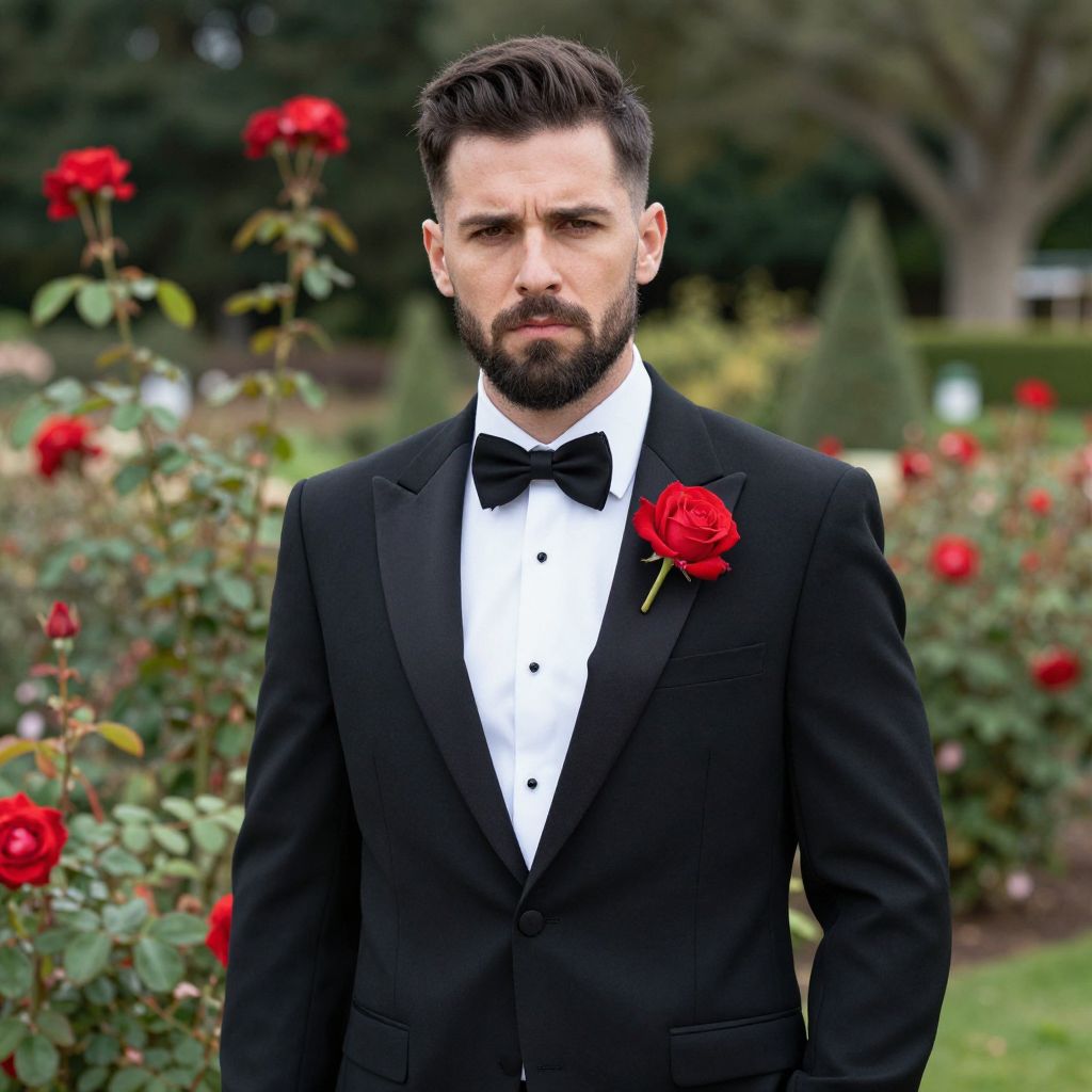 Man in Black Tuxedo with Red Rose Boutonniere in Rose Garden