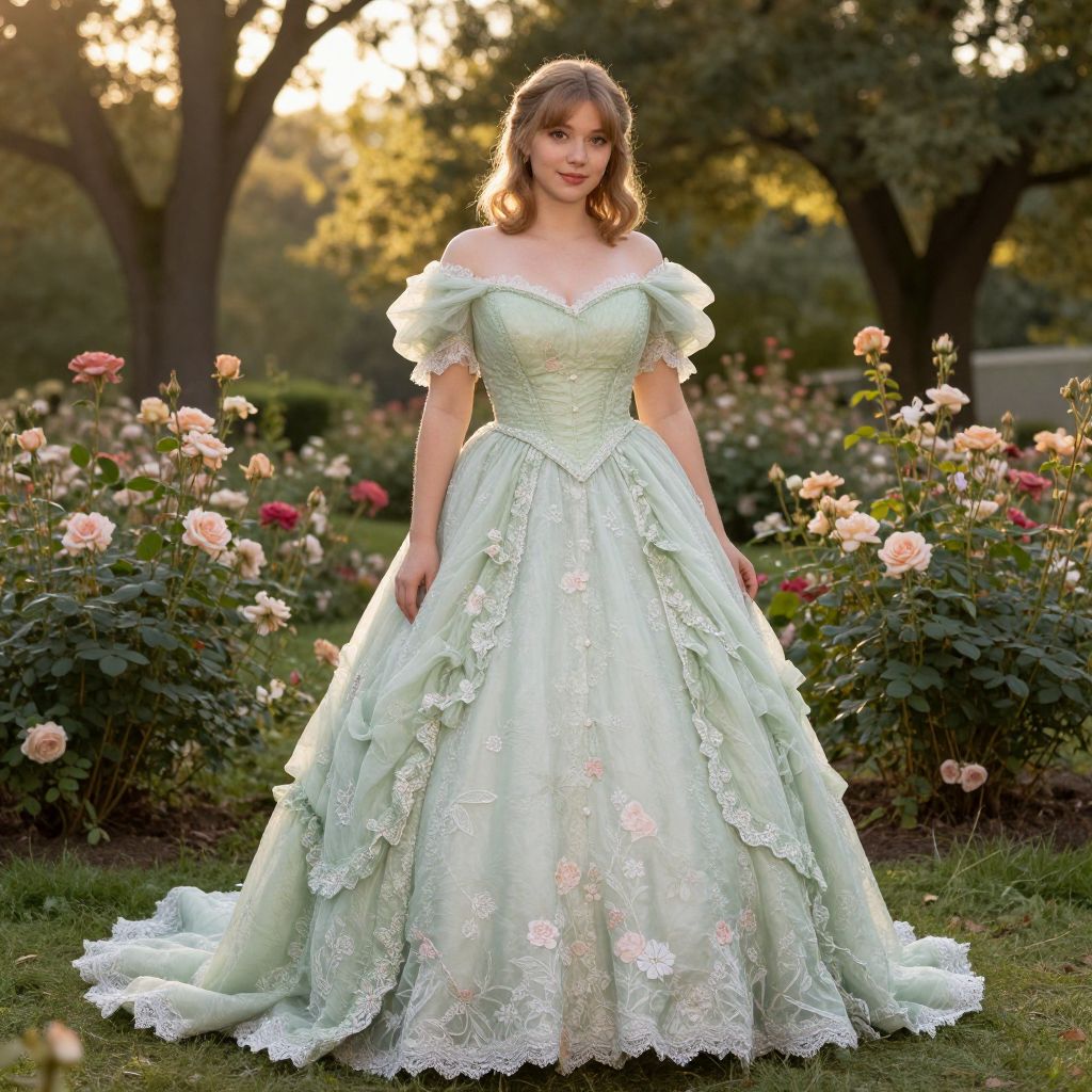 Elegant Woman in Pastel Green Vintage Ball Gown in Garden