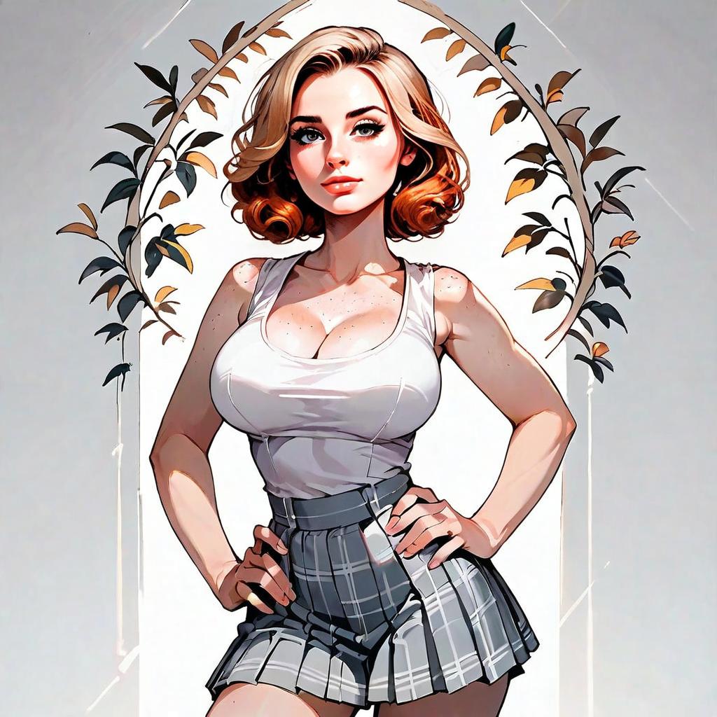 Confident Woman in Plaid Skirt Digital Illustration with Leaf Arch