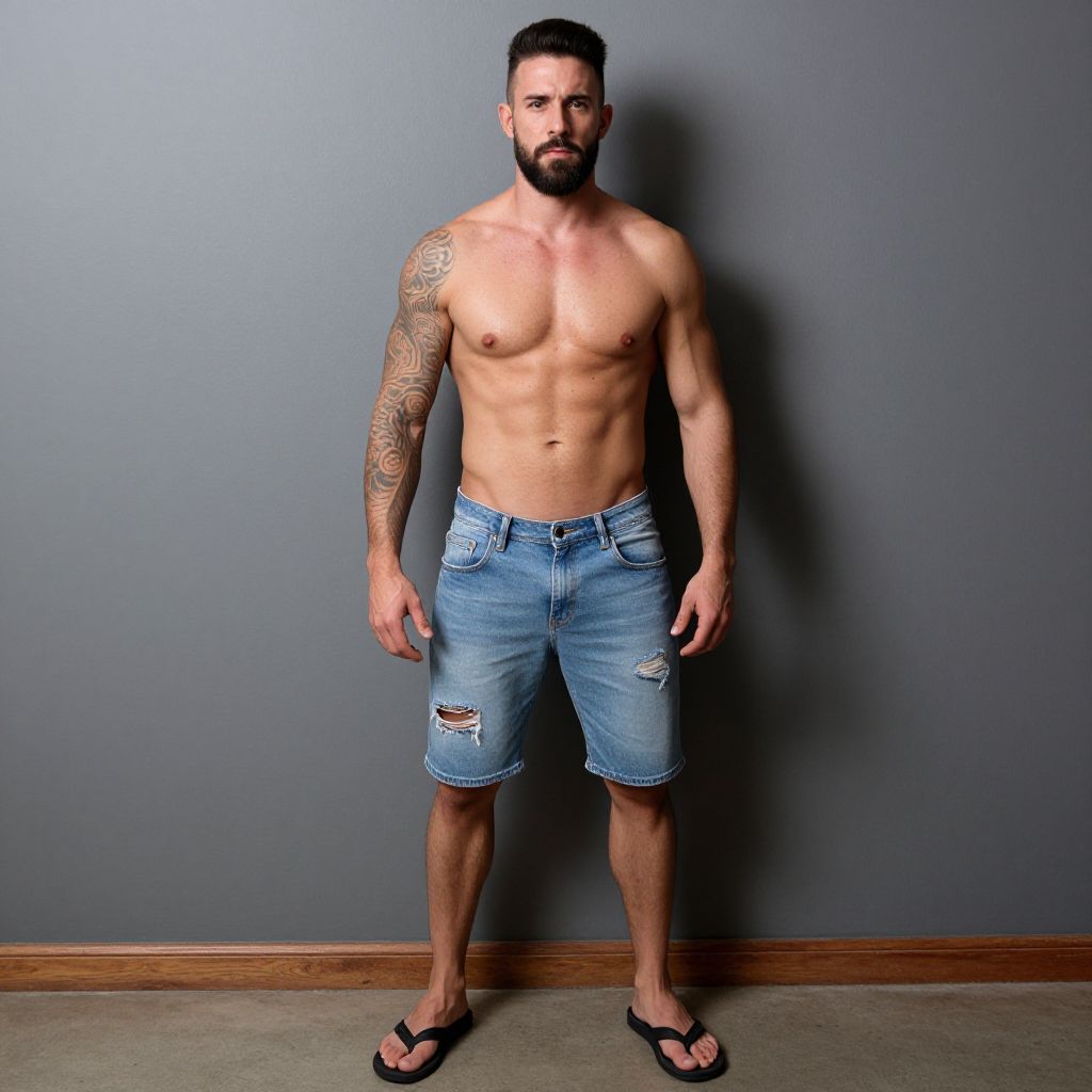 Muscular Man in Ripped Denim Shorts and Flip Flops Standing Against Gray Wall