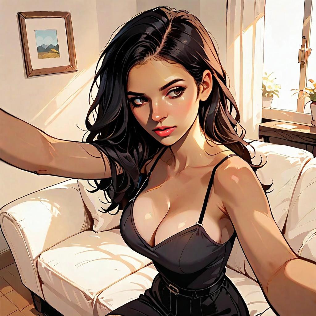 Anime Style Illustration of Woman in Black Outfit Taking Selfie in Modern Living Room