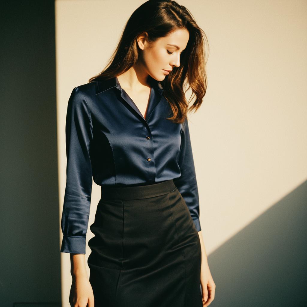 Elegant Woman in Navy Satin Blouse and Black Skirt in Soft Studio Light