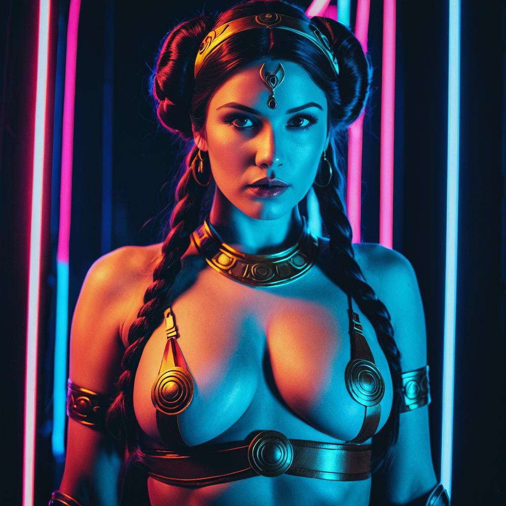 Futuristic Warrior Woman in Neon Light Costume