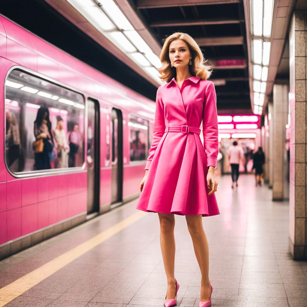 Stylish Woman in Pink Dress at Trendy Subway Station