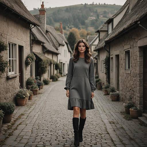 Woman Walking on Cobblestone Street in Charming Village Wearing Gray Dress and Black Boots