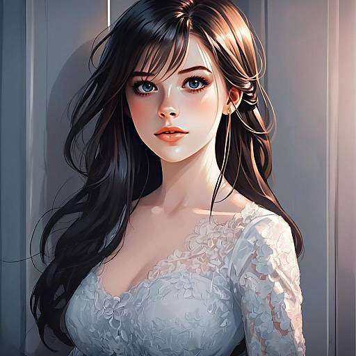 Elegant Anime Style Portrait of Woman in White Lace Dress
