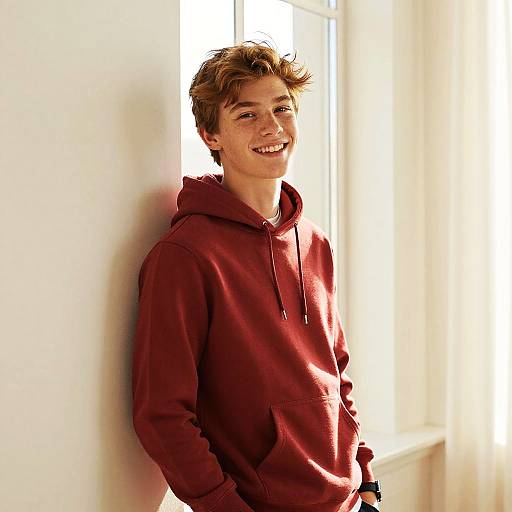 Smiling Teenage Boy in Rust Hoodie Leaning on Wall - Gen Z Style
