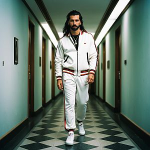 Confident man in stylish white tracksuit