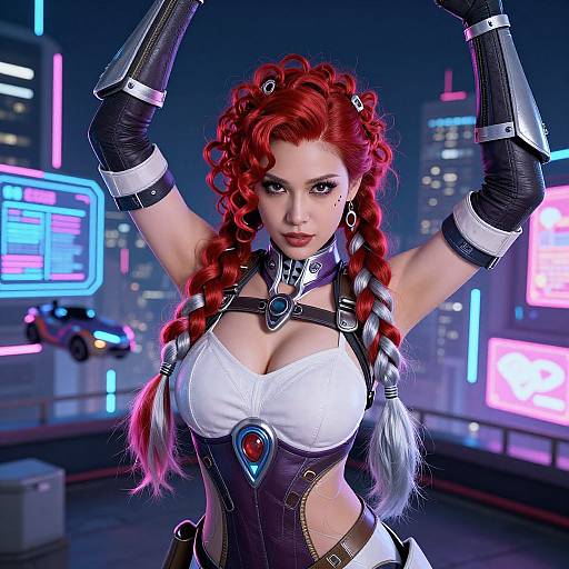 Cyberpunk Woman with Red Braided Hair in Neon Futuristic City