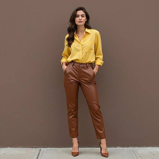 Woman Wearing Yellow Shirt and Brown Leather Pants Fashion Outfit