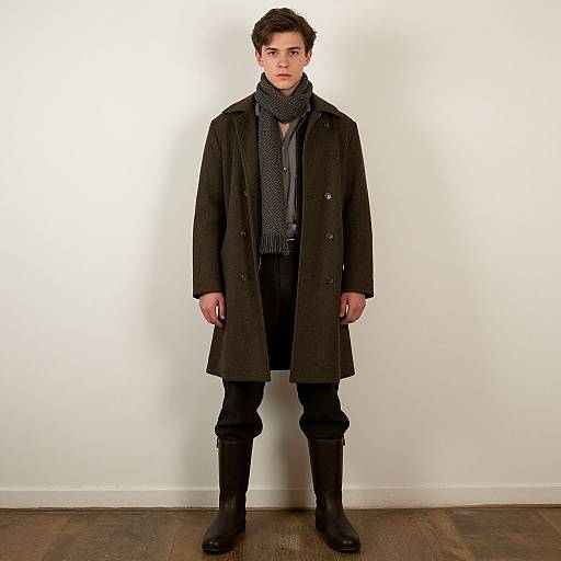 Young Man in Classic Brown Winter Coat with Scarf and Boots