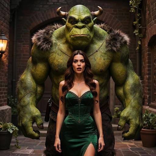 Woman in Green Dress with Large Green Orc Creature in Rustic Alley