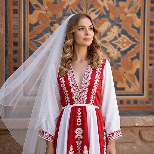 Woman in Traditional Embroidered Dress with Veil Standing by Mosaic Wall
