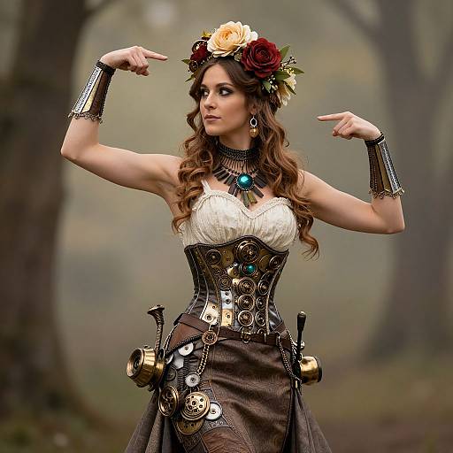Steampunk Woman in Floral Crown and Gear-Adorned Corset Outdoor Portrait