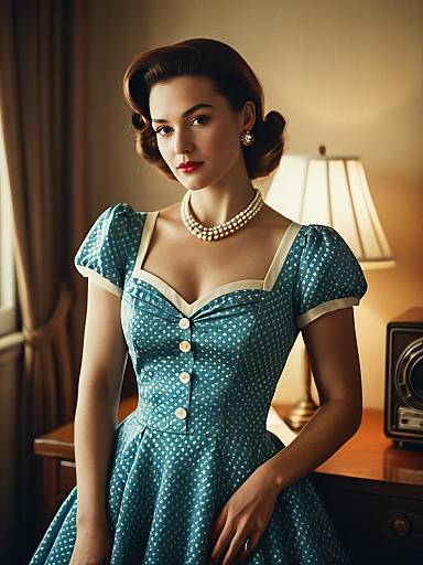 Woman in Retro 1950s Party Dress Costume Photorealistic Vintage Fashion