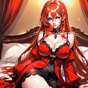 Anime Woman in Red Lingerie Sitting on Bed Digital Artwork