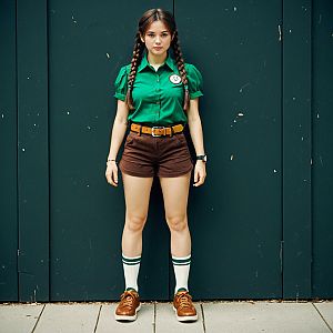 Confident Woman in Green Blouse and Brown Shorts